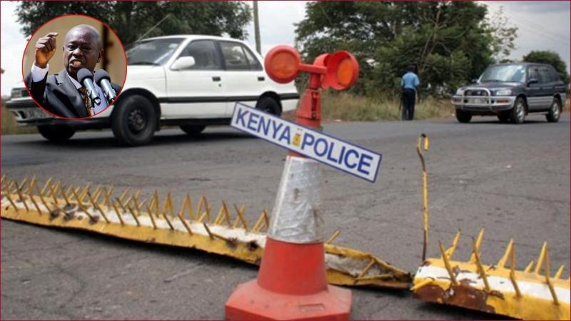 A file photo of a police roadblock  (inset: Rigathi Gachagua).